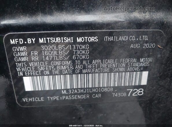 ML32A3HJ1LH010808 2020 MITSUBISHI MIRAGE Black Widok komory silnika