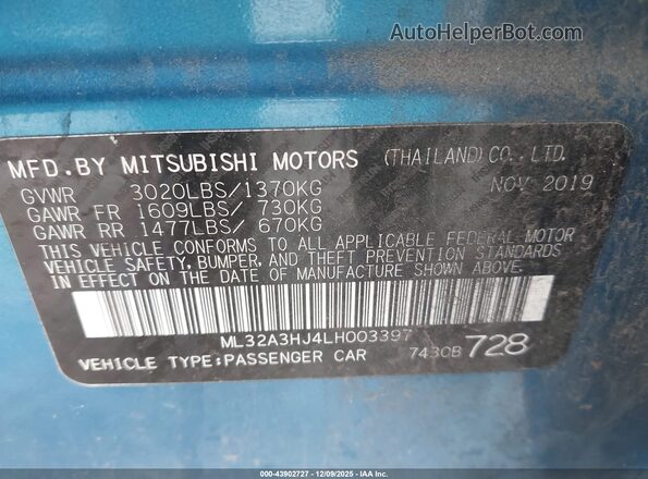 ML32A3HJ4LH003397 2020 MITSUBISHI MIRAGE Blue Շարժիչի բաժամունքի տեսք