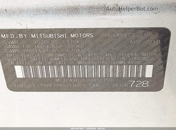 ML32A3HJ5JH012350 2018 MITSUBISHI MIRAGE White 