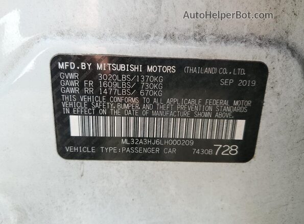 ML32A3HJ6LH000209 2020 MITSUBISHI MIRAGE White VIN կոդի պիտակի տեսք