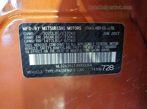 ML32A3HJ7JH000264 2018 MITSUBISHI MIRAGE Orange 
