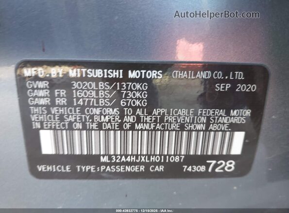 ML32A4HJXLH011087 2020 MITSUBISHI MIRAGE Gray Widok komory silnika