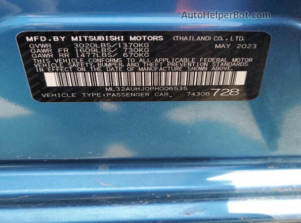 ML32AUHJ0PH006535 2023 MITSUBISHI MIRAGE Blue VIN კოდის სტიკერის ხედი