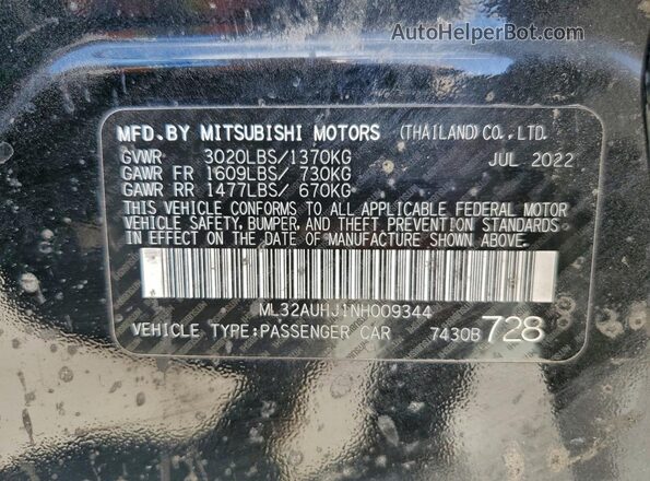 ML32AUHJ1NH009344 2022 MITSUBISHI MIRAGE Black VIN sticker view