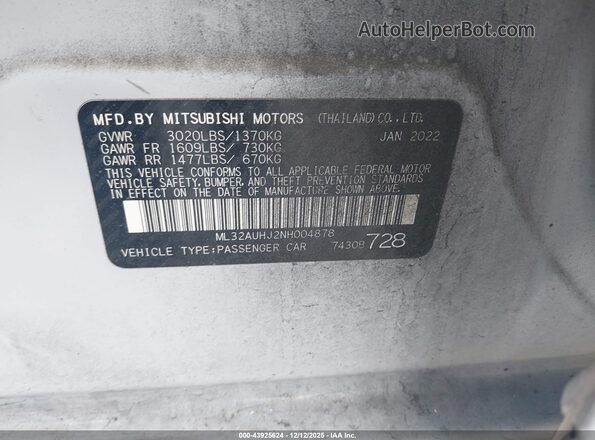 ML32AUHJ2NH004878 2022 MITSUBISHI MIRAGE White Engine compartment view