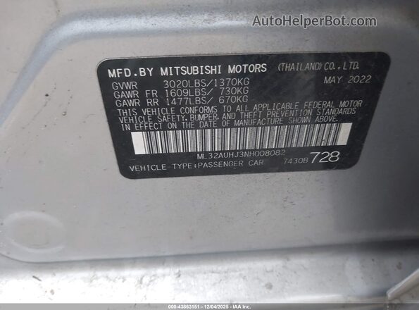 ML32AUHJ3NH008082 2022 MITSUBISHI MIRAGE Silver Vista del compartimento del motor