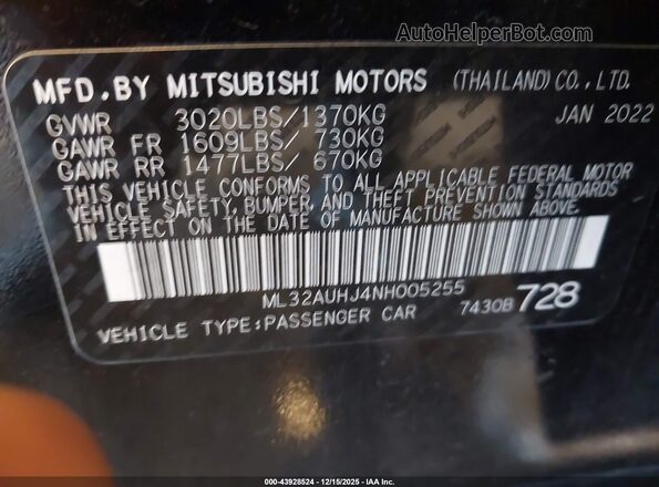 ML32AUHJ4NH005255 2022 MITSUBISHI MIRAGE Black Engine compartment view