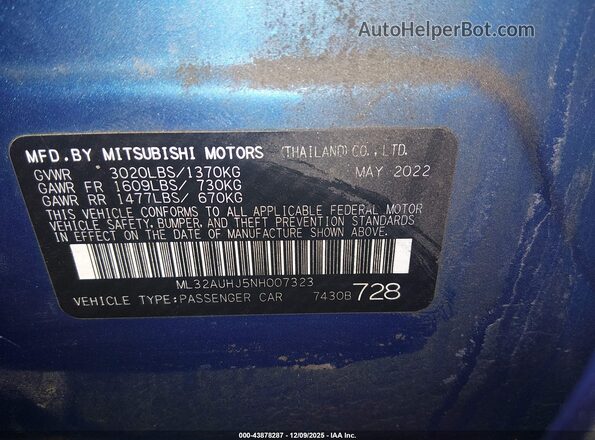 ML32AUHJ5NH007323 2022 MITSUBISHI MIRAGE Blue Вид підкапотного простору