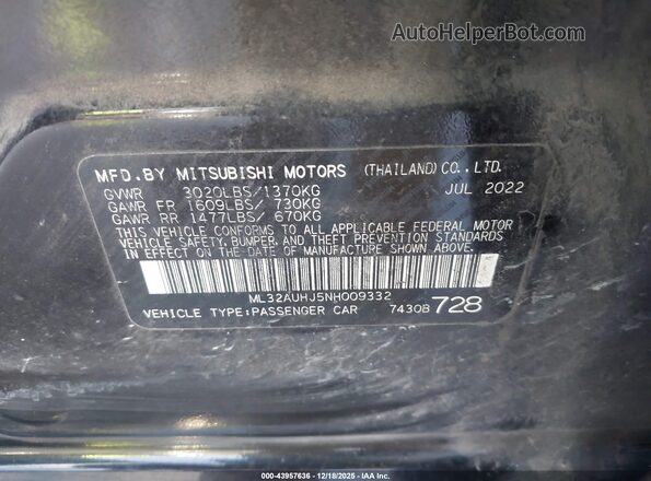ML32AUHJ5NH009332 2022 MITSUBISHI MIRAGE Black Engine compartment view