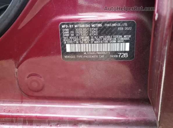 ML32AUHJ7NH006271 2022 MITSUBISHI MIRAGE Purple VIN კოდის სტიკერის ხედი