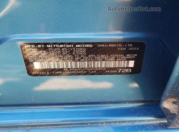 ML32AUHJ7NH006402 2022 MITSUBISHI MIRAGE Blue Widok naklejki z numerem VIN
