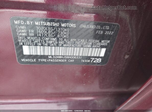 ML32AWHJ5NH006331 2022 MITSUBISHI MIRAGE Purple Вид підкапотного простору