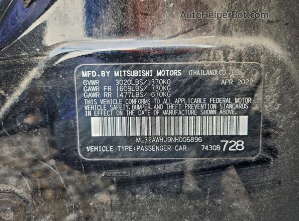 ML32AWHJ9NH006896 2022 MITSUBISHI MIRAGE Black VIN կոդի պիտակի տեսք