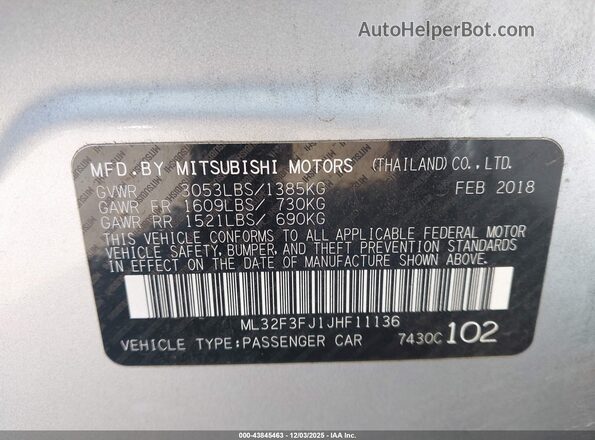 ML32F3FJ1JHF11136 2018 MITSUBISHI MIRAGE G4 Silver 