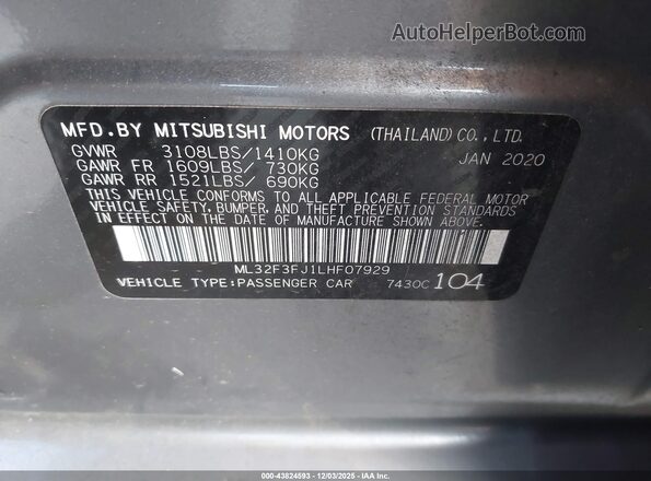 ML32F3FJ1LHF07929 2020 MITSUBISHI MIRAGE G4 Gray 