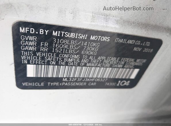 ML32F3FJ3KHF06327 2019 MITSUBISHI MIRAGE G4 White Vista del compartimento del motor