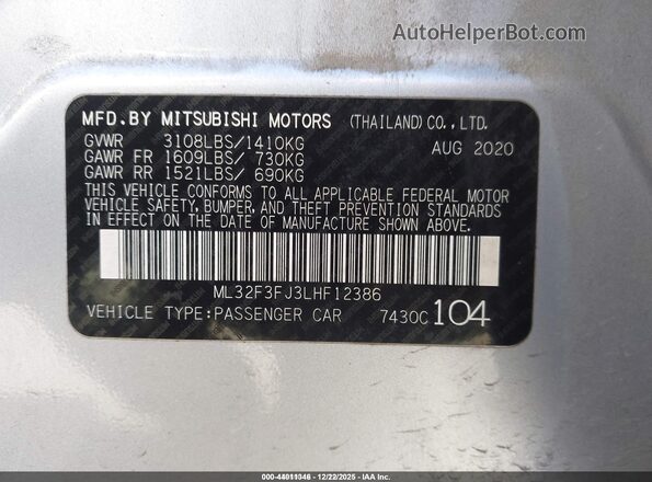 ML32F3FJ3LHF12386 2020 MITSUBISHI MIRAGE G4 Silver Vista del compartimento del motor