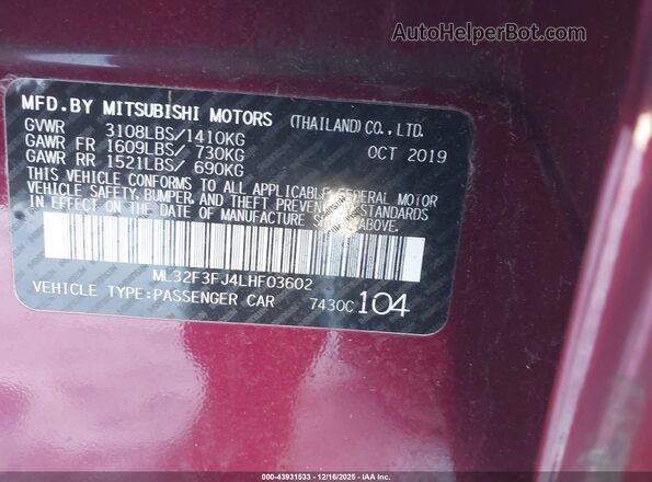 ML32F3FJ4LHF03602 2020 MITSUBISHI MIRAGE G4 Burgundy Вид підкапотного простору