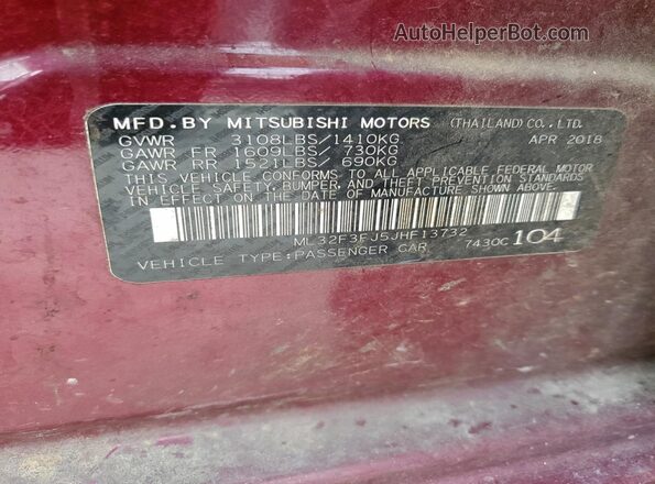ML32F3FJ5JHF13732 2018 MITSUBISHI MIRAGE Бордовый 