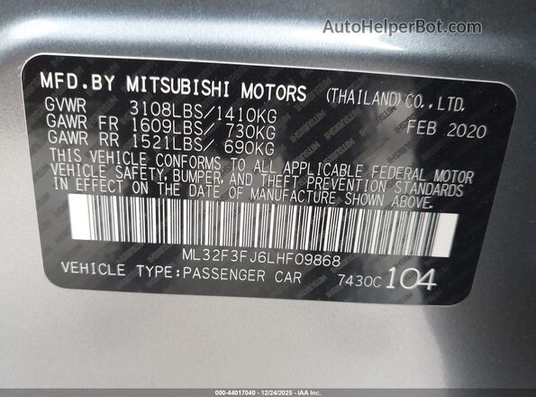 ML32F3FJ6LHF09868 2020 MITSUBISHI MIRAGE G4 Gray 