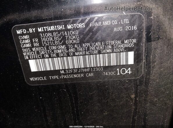 ML32F3FJ7HHF12303 2017 MITSUBISHI MIRAGE G4 Black 