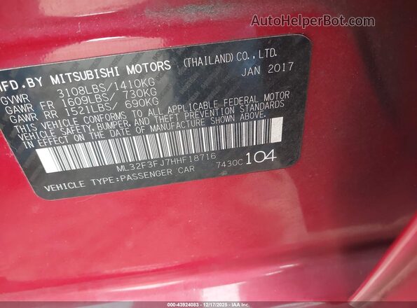 ML32F3FJ7HHF18716 2017 MITSUBISHI MIRAGE G4 Red Vista del compartimento del motor