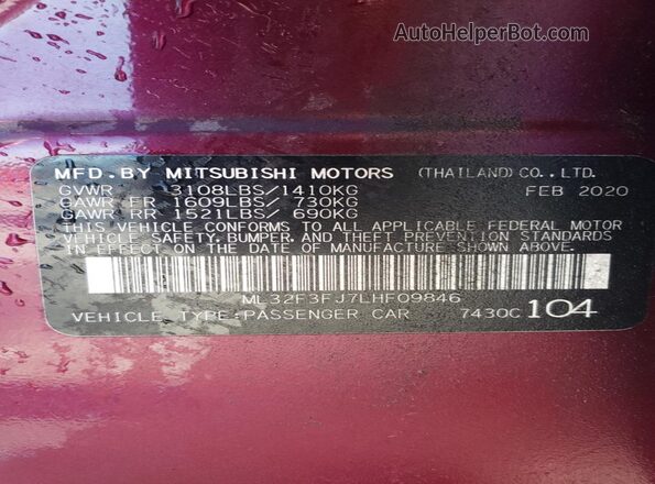 ML32F3FJ7LHF09846 2020 MITSUBISHI MIRAGE Burgundy Շարժիչի բաժամունքի տեսք