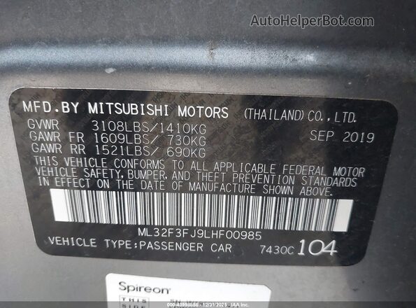 ML32F3FJ9LHF00985 2020 MITSUBISHI MIRAGE G4 Gray 