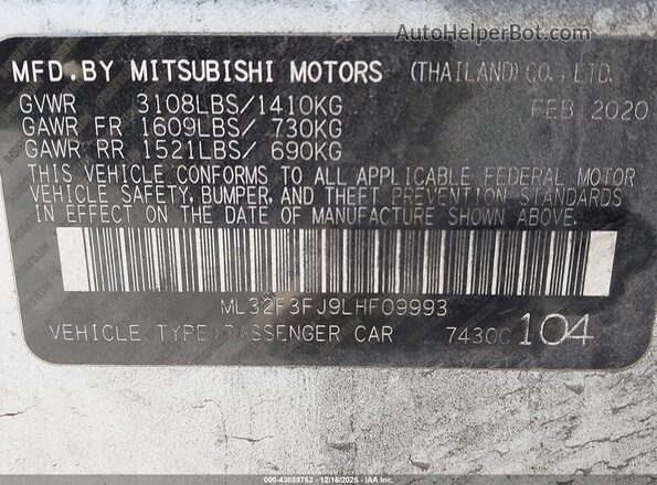ML32F3FJ9LHF09993 2020 MITSUBISHI MIRAGE G4 White Vista del compartimento del motor
