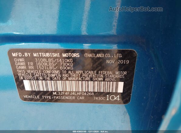 ML32F4FJ4LHF04268 2020 MITSUBISHI MIRAGE G4 Turquoise Вид підкапотного простору