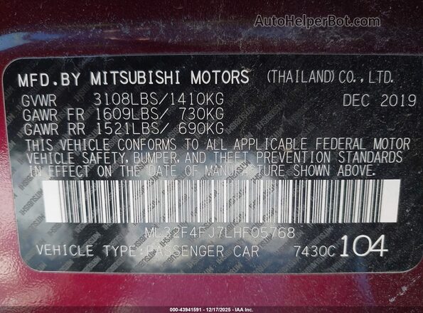 ML32F4FJ7LHF05768 2020 MITSUBISHI MIRAGE G4 Фиолетовый 