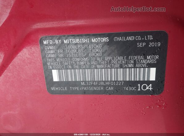 ML32F4FJ8LHF01227 2020 MITSUBISHI MIRAGE G4 Red Вид підкапотного простору