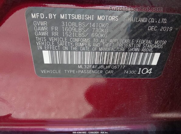 ML32F4FJ8LHF05777 2020 MITSUBISHI MIRAGE G4 Бордовый 