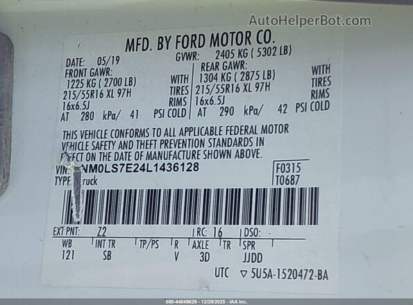 NM0LS7E24L1436128 2020 FORD TRANSIT CONNECT White Vista del compartimento del motor