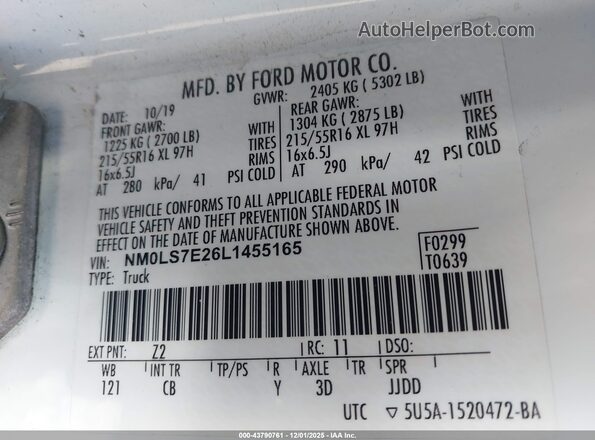 NM0LS7E26L1455165 2020 FORD TRANSIT CONNECT White 