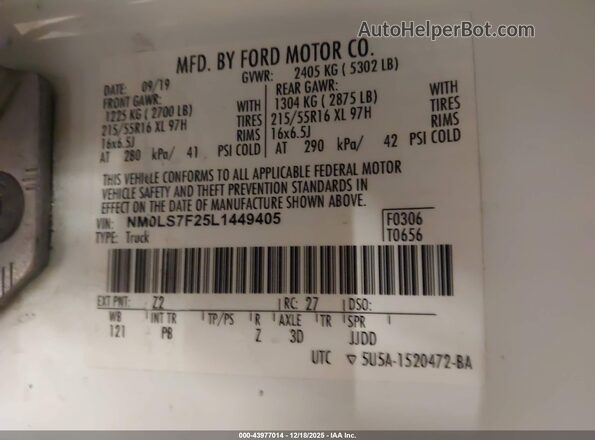 NM0LS7F25L1449405 2020 FORD TRANSIT CONNECT White Vista de la etiqueta del VIN