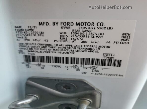 NM0LS7S21N1520012 2022 FORD TRANSIT White Vista de la etiqueta del VIN