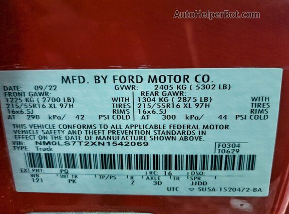 NM0LS7T2XN1542069 2022 FORD TRANSIT Red Widok naklejki z numerem VIN