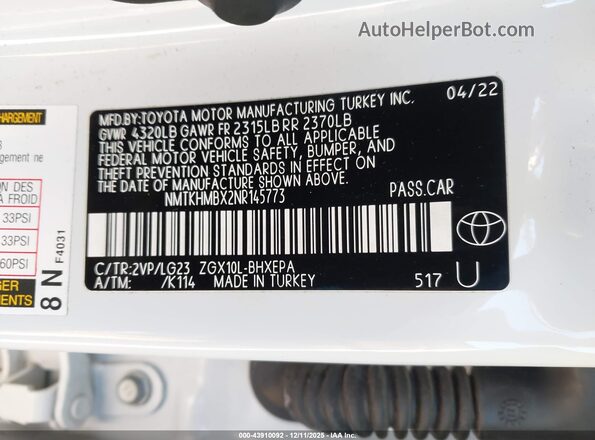 NMTKHMBX2NR145773 2022 TOYOTA LIMITED White 