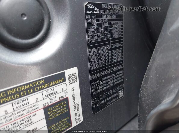 SADCJ2FX2LA636321 2020 JAGUAR F-PACE Gray Вид підкапотного простору