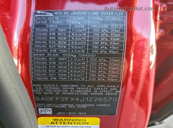 SADFP2FX4J1Z26570 2018 JAGUAR E-PACE Red Widok naklejki z numerem VIN