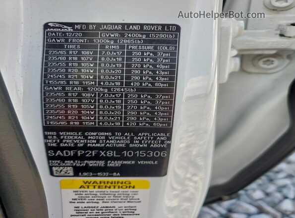 SADFP2FX8L1015306 2020 JAGUAR E-PACE White Սալոնի 360 աստիճան տեսք
