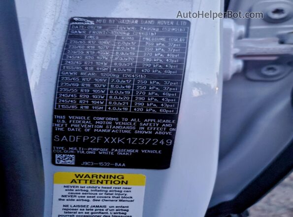 SADFP2FXXK1Z37249 2019 JAGUAR E-PACE Белый Вид наклейки с VIN-кодом