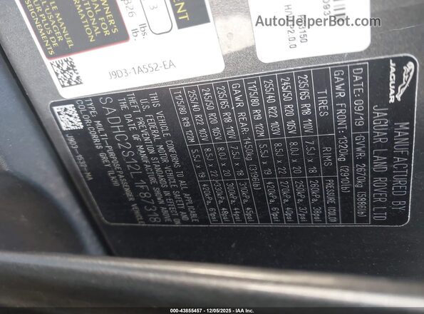 SADHC2S12L1F87318 2020 JAGUAR I-PACE Gray Vista del compartimento del motor