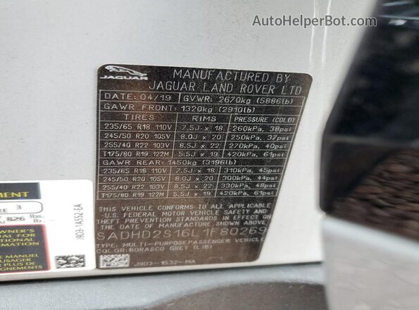 SADHD2S16L1F80269 2020 JAGUAR I-PACE Gray VIN კოდის სტიკერის ხედი