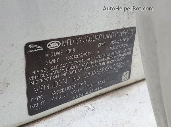 SAJAE4FXXKCP49411 2019 JAGUAR XF White Вид підкапотного простору