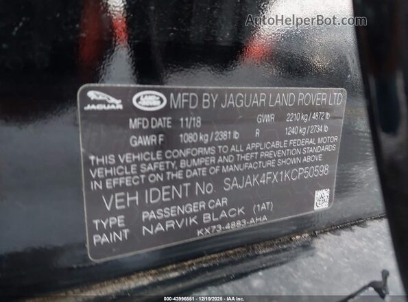 SAJAK4FX1KCP50598 2019 JAGUAR XF Черный Вид подкапотного пространства
