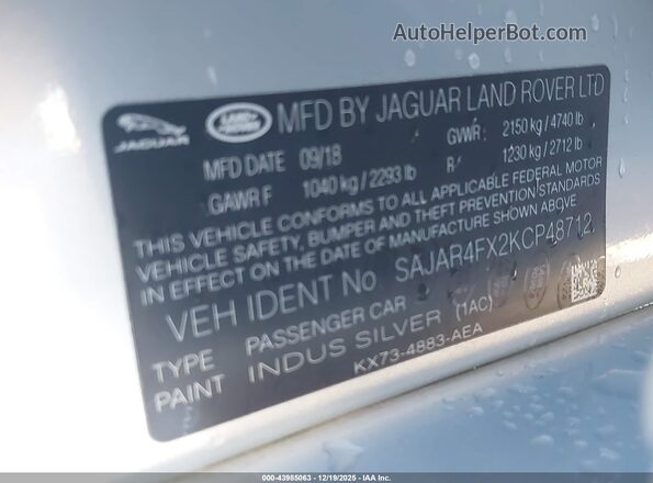 SAJAR4FX2KCP48712 2019 JAGUAR XF Серебряный Вид подкапотного пространства