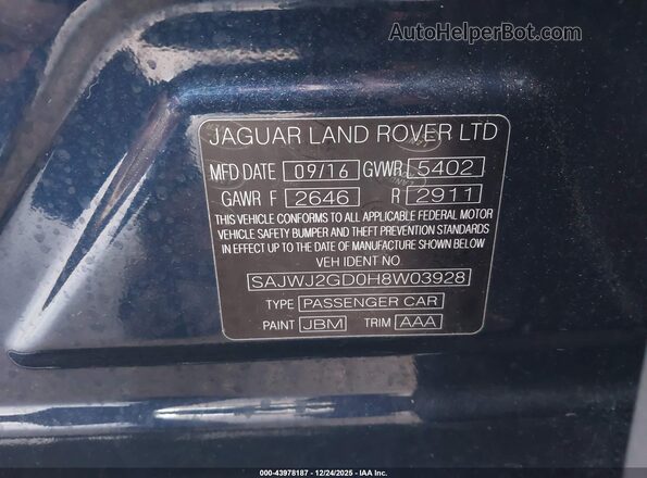 SAJWJ2GD0H8W03928 2017 JAGUAR XJ Blue Engine compartment view