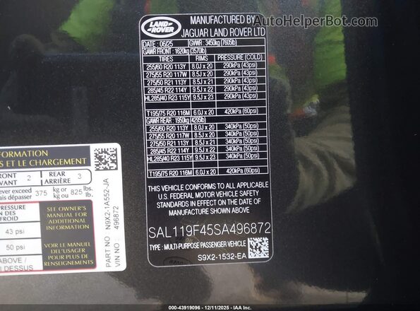 SAL119F45SA496872 2025 LAND ROVER RANGE ROVER SPORT Черный Вид подкапотного пространства